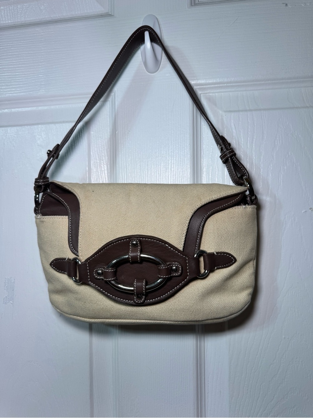 Vintage Y2K BCBGIRL Cream Canvas & Brown Leather Accent Shoulder Bag